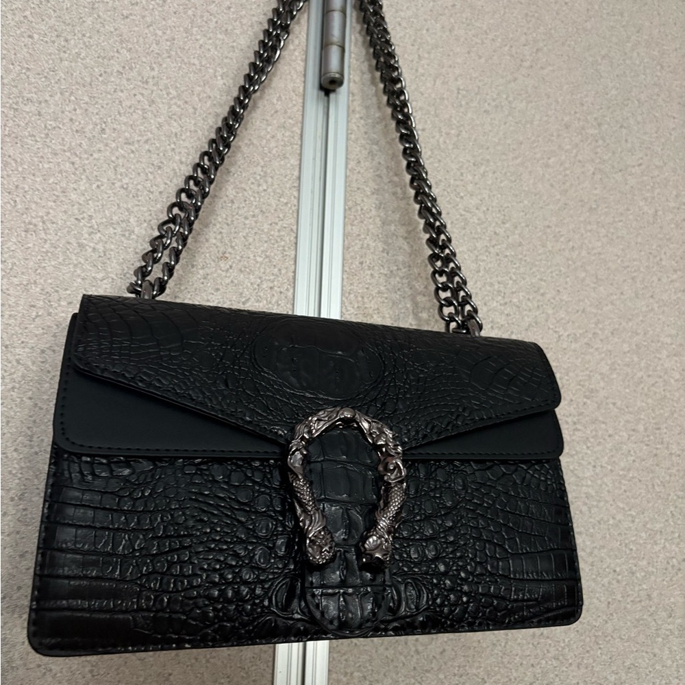 Black Crocodile Embossed Chain Shoulder Bag NWT